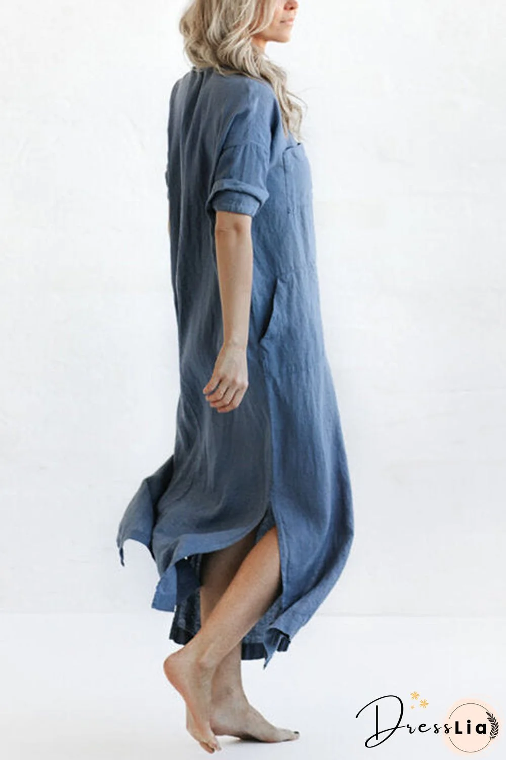 Linen Button Pockets Shirt Maxi Dress