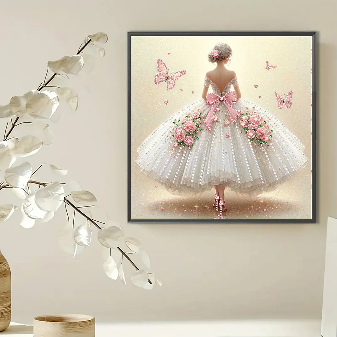 Diamond Painting - Partial Special Shaped Drill - Pink Butterfly Gown(Canvas|30x30cm)