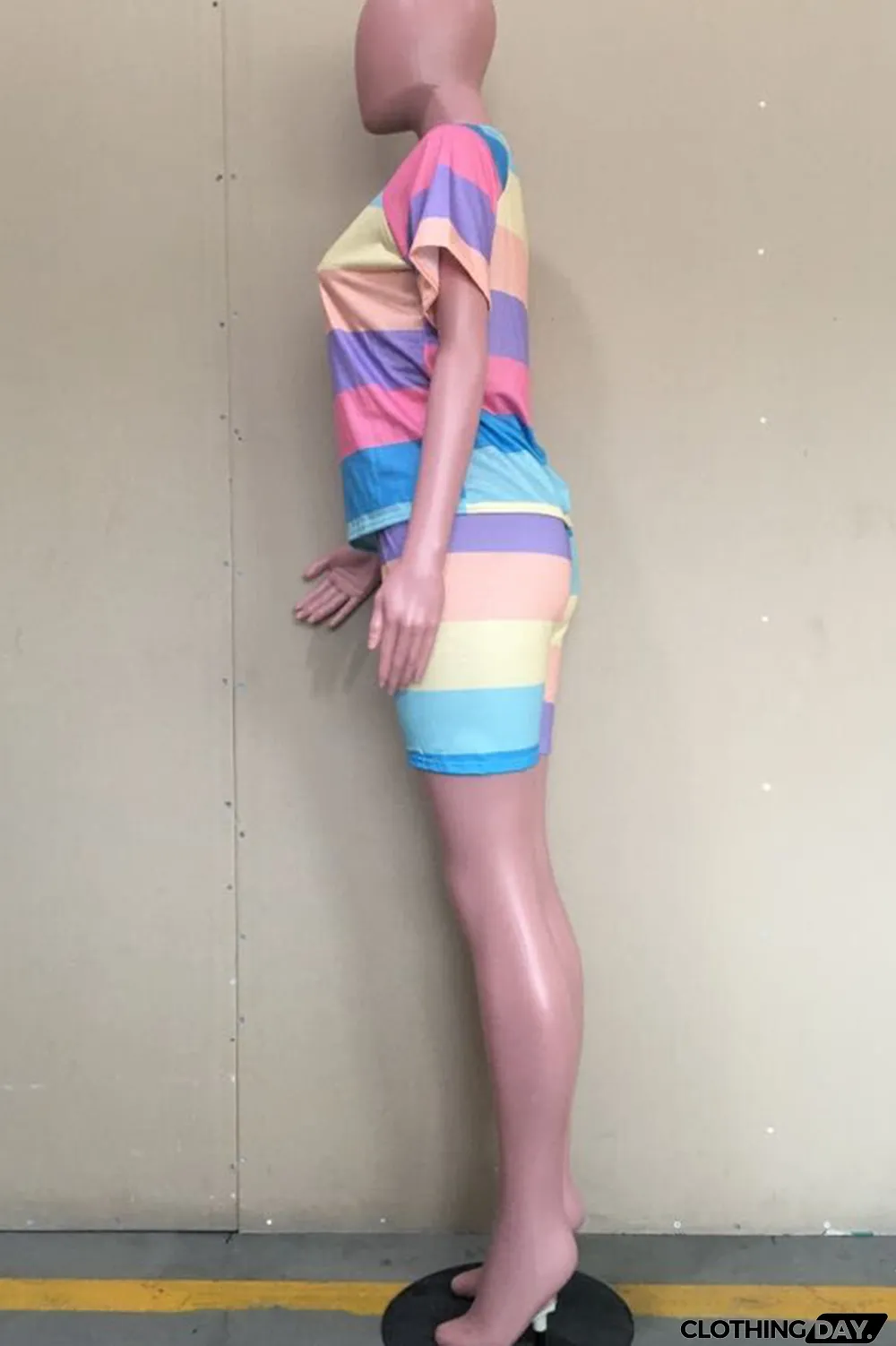 Colour Casual Striped Split Joint O Neck Short Sleeve Two Pieces