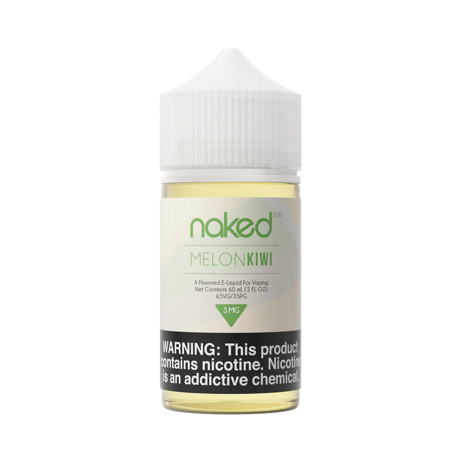 Naked 100 Melon Kiwi 60ml vape juice with 3mg freebase nicotine and 65VG/35PG blend.