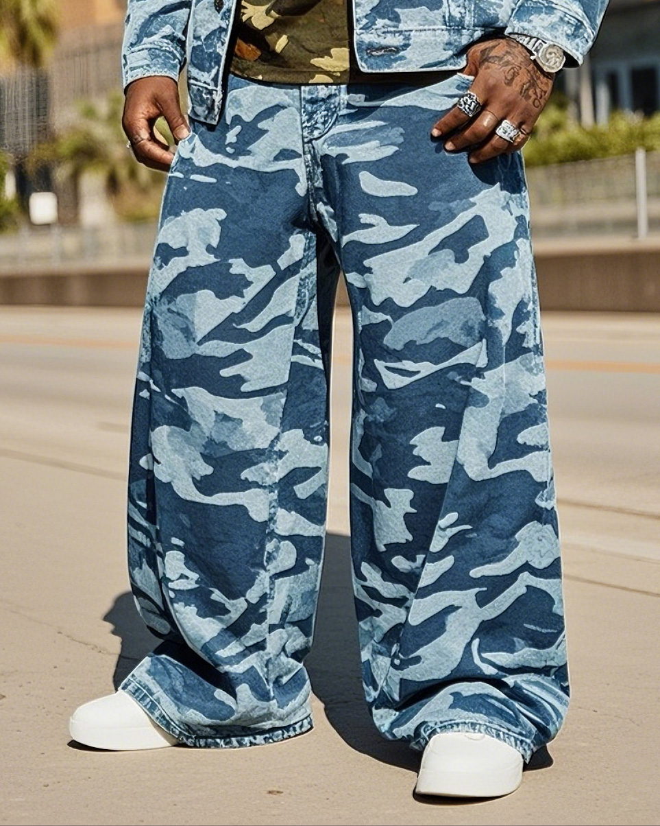Plus Size Men Camouflage Texture Print Denim Pants