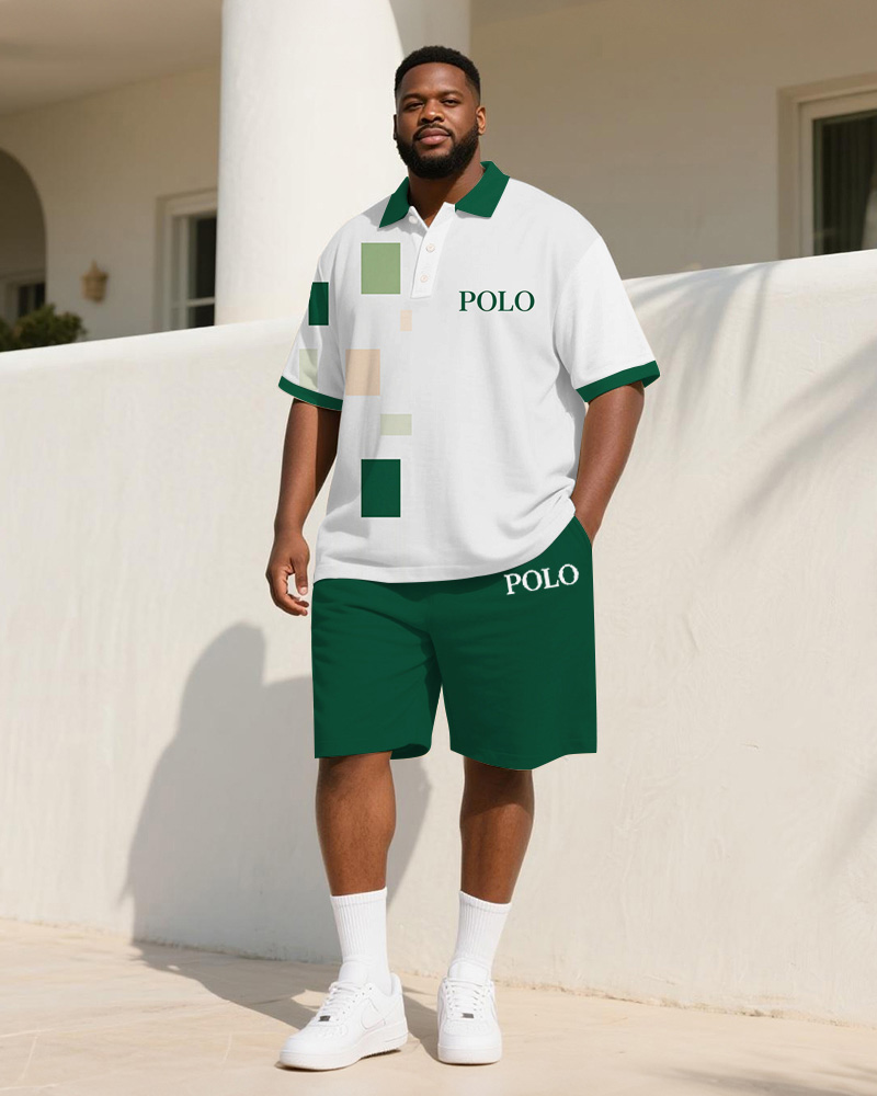 Men's Plus Size Green Geometric Colorblock Letter Print Short Sleeve Polo Shirt Shorts Suit