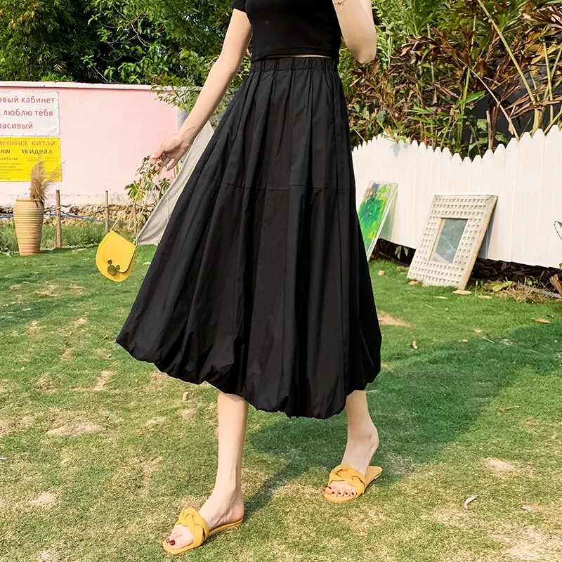 Skirts Women A-line Solid  Black White Casual Mid-calf Saia Midi Elastic Waist FemaleTulle Skirts Tutu Pleated Skirts Woman