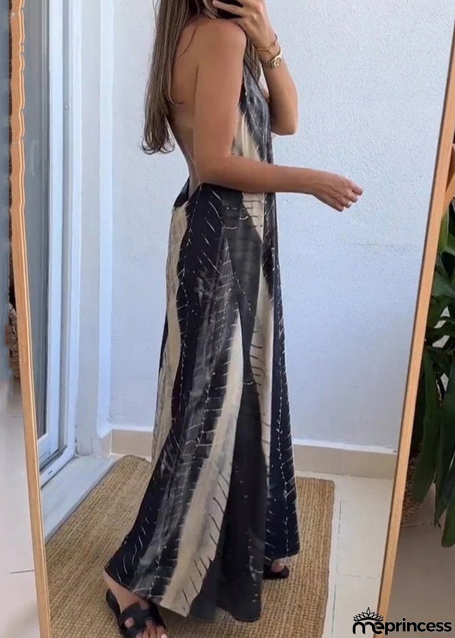 New Colorblock Backless Print Cotton Maxi Dress Sleeveless