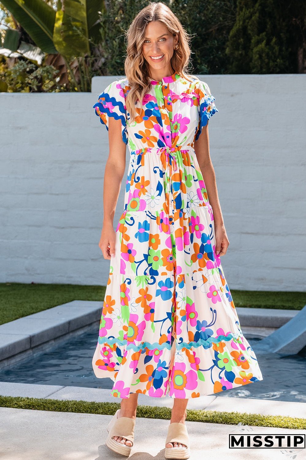 Ricrac Trim Flutter Floral Maxi Dress