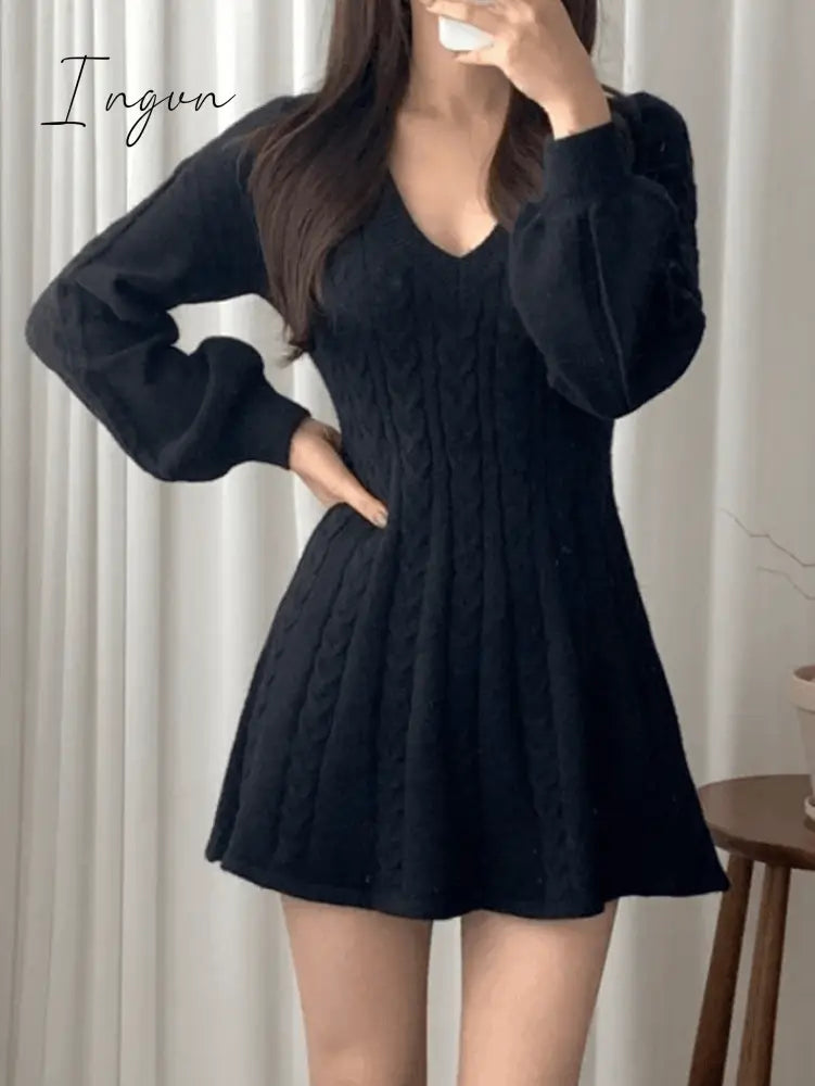Ingvn - V Neck Cable Knit Long Sleeve Mini Dress Black / One Size Dresses