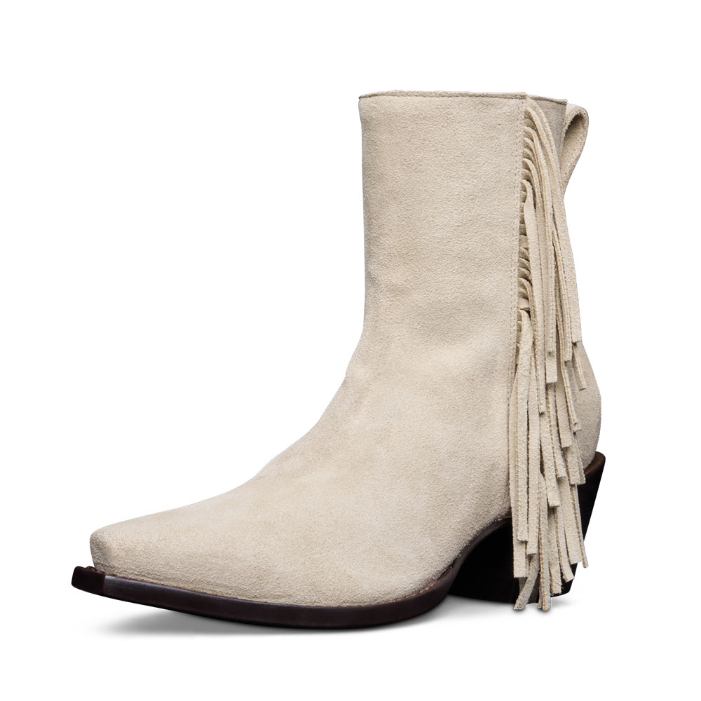 Beige Vegan Suede Snip Toe Chunky Heel Cowgirl Boots with Fringe Decor
