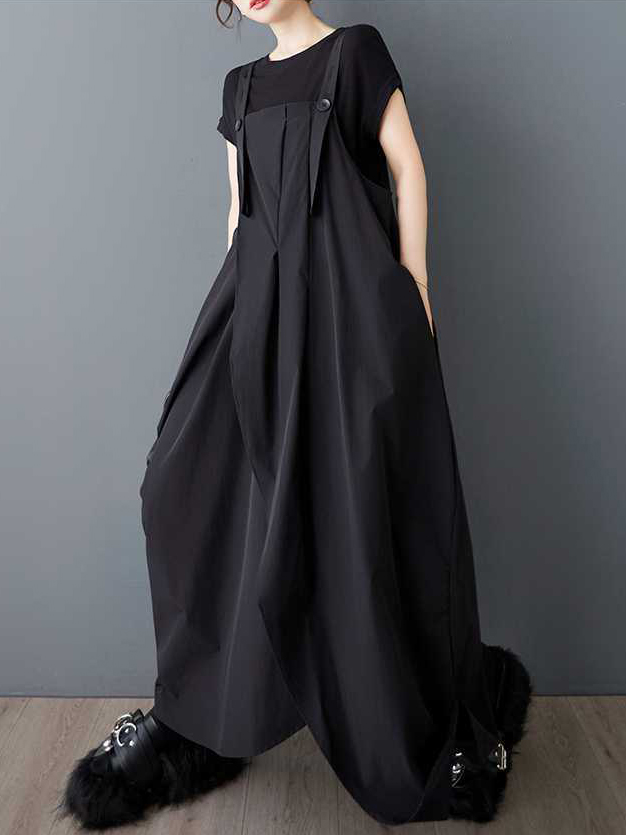 Irregular Design Strap Fold Hem Sleeveless Loose Jumpsuit