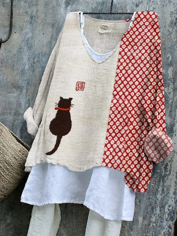 Black Cat Japanese Embroidered Contrast Patchwork Linen Blend Tunic