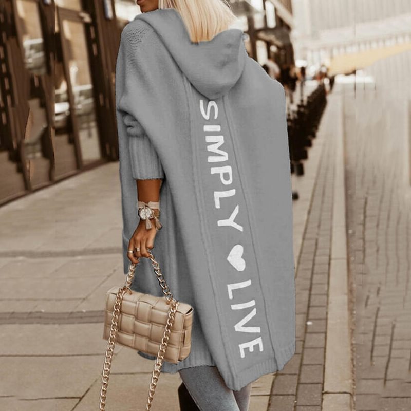 Hooded loose knit mid-length cardigan
