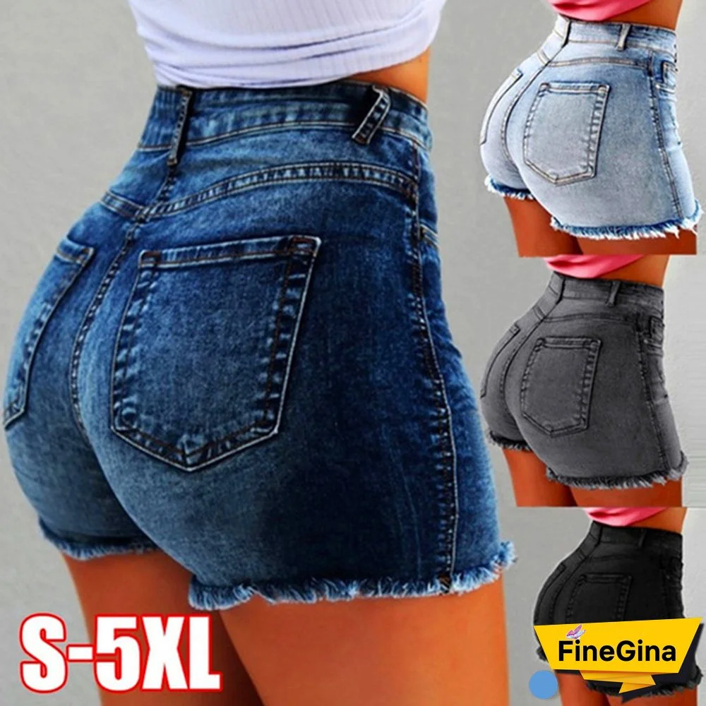 Summer Women's Fashion Causal Stretchy Denim High Waist Beach Shorts Washed Jeans Pants