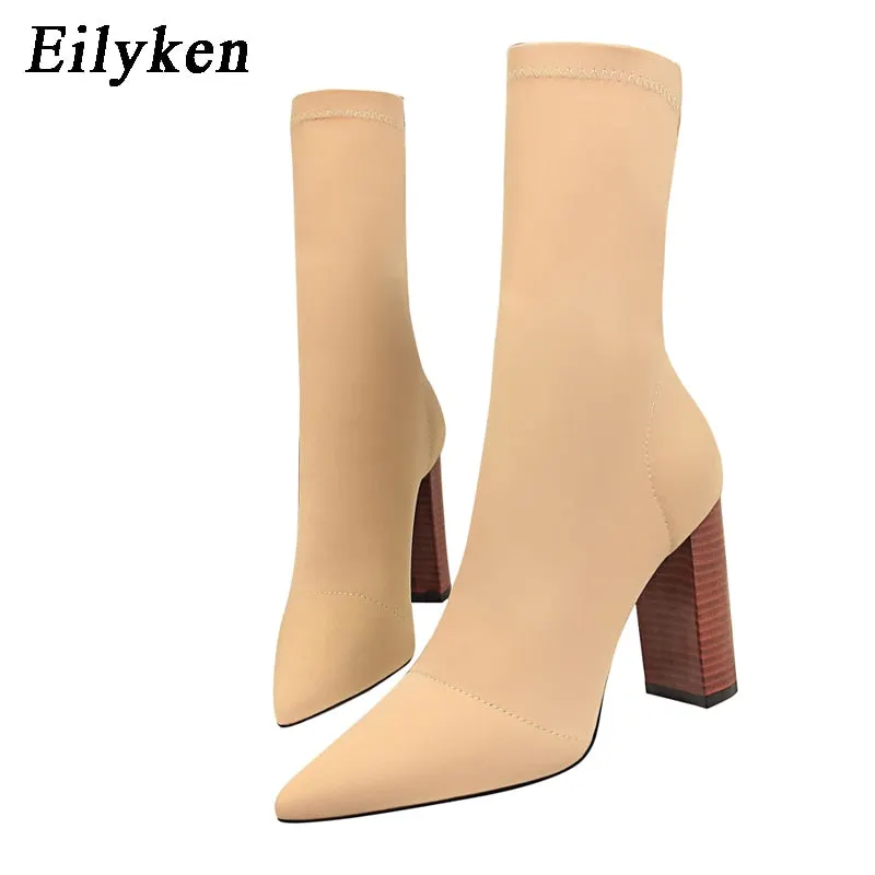 Eilyken Comfort Stretch Women Sock Boots Square High Heel Ankle Boots Fashion Pointed Toe Fall Stretch Shoes Black Big Size 2022