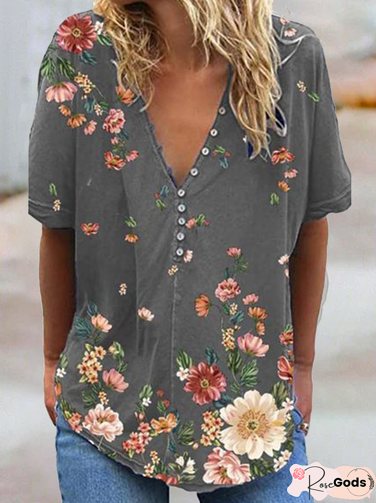 Short Sleeve Casual Floral Tops