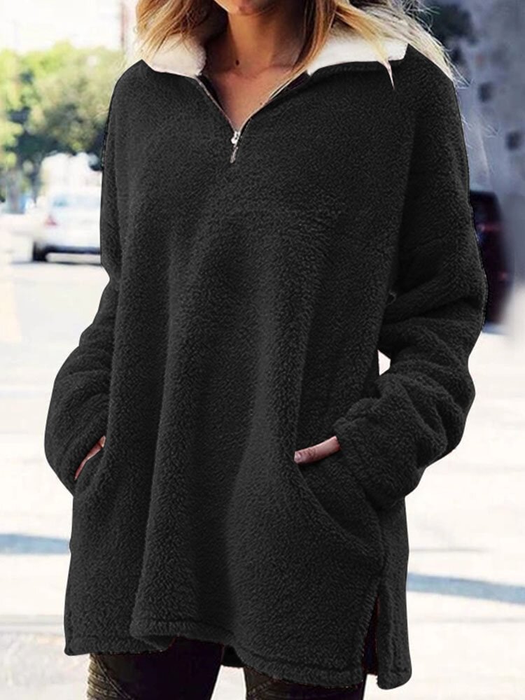 Solid Color Zipper Pocket Plush Long Sleeve Casual Coat for Women - Shop Trendy Women's Clothing | LoverChic
