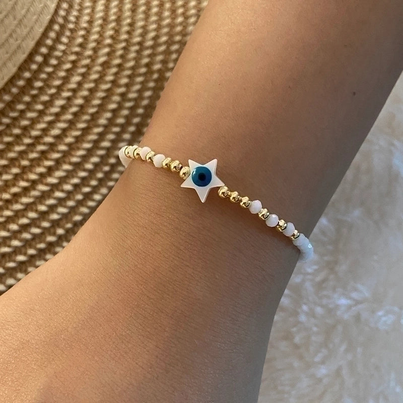 Vintage Style Devil’s Eye Star Heart Shape Stainless Steel Artificial Crystal Shell Beaded Handmade Bracelets