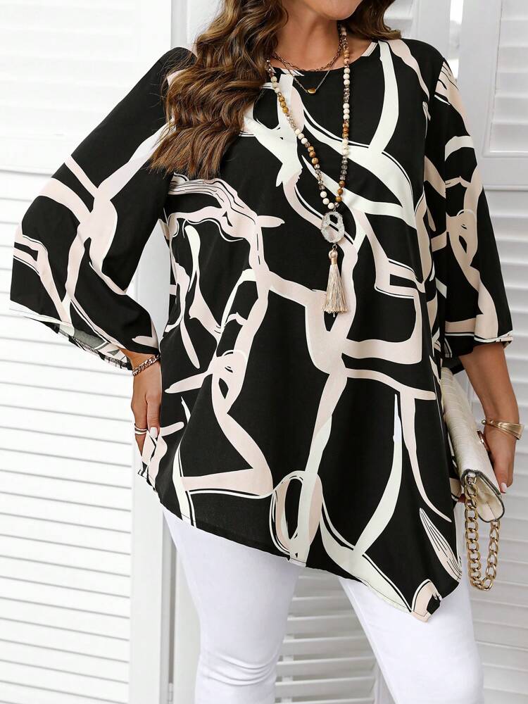 Plus Size Round Neck Long Sleeve All-Over Allover Print Fashionable Shirt