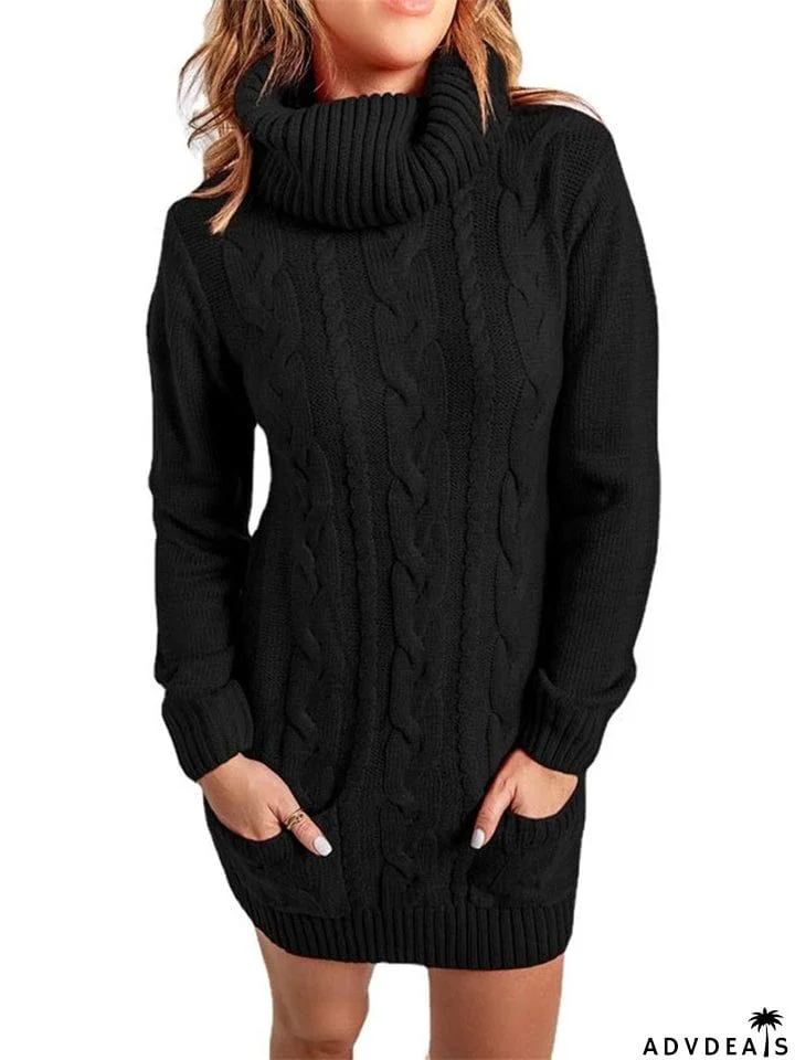 Casual Turtle Neck Knitted Sweater Dresses