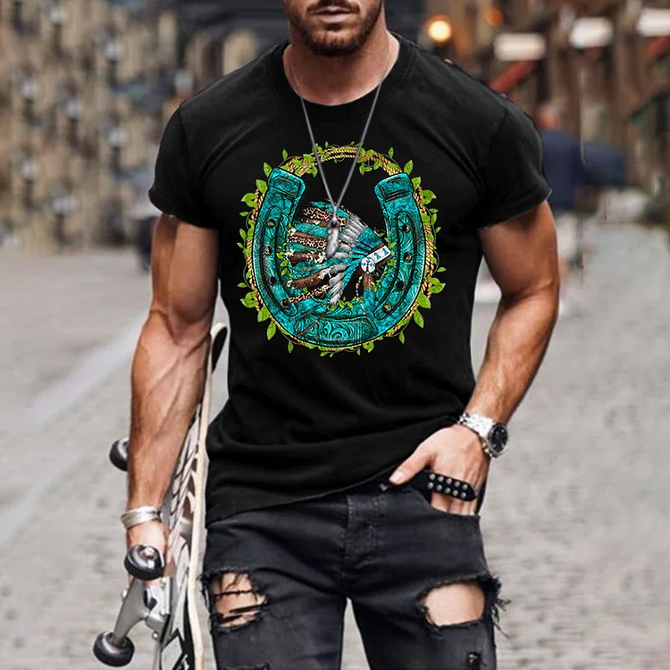BrosWear Men's Vintage Western Horseshoe Print T-Shirt