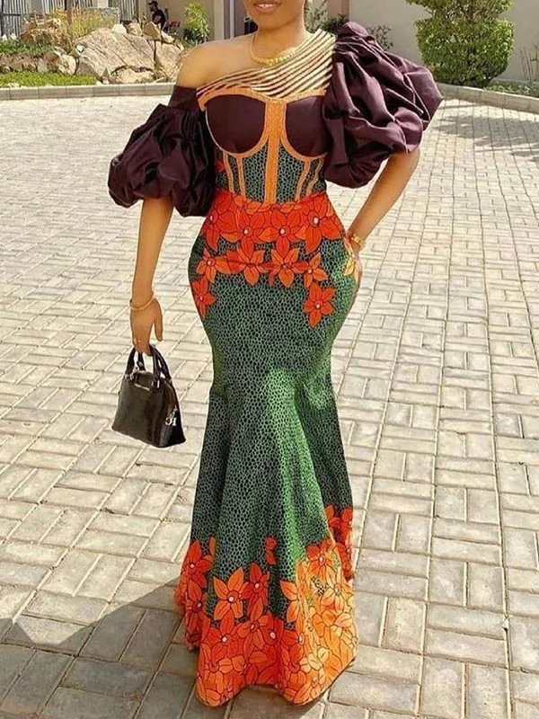 Square-Neck Puff Sleeve Printed Color-Block Wrap Evening Maxi Dress