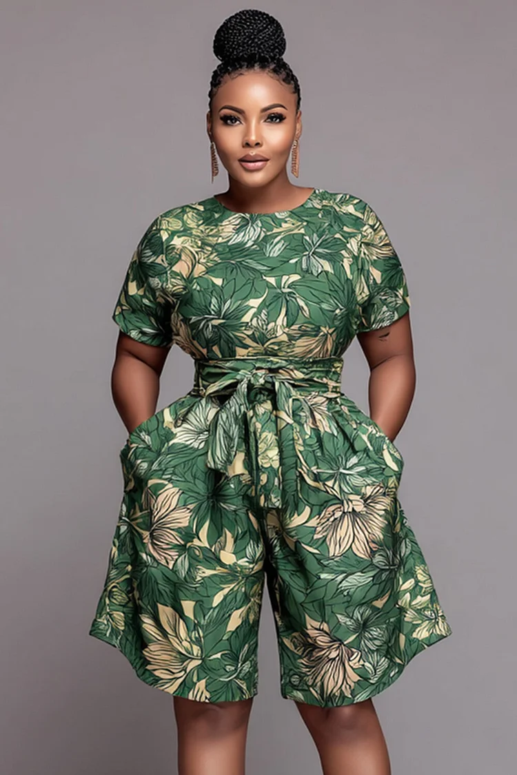 Xpluswear Design Plus Size Business Casual Casual Green Floral Round Neck Short Sleeve Pocket Wrap Jumpsuits [Pre-Order] 2024 - Xpluswear