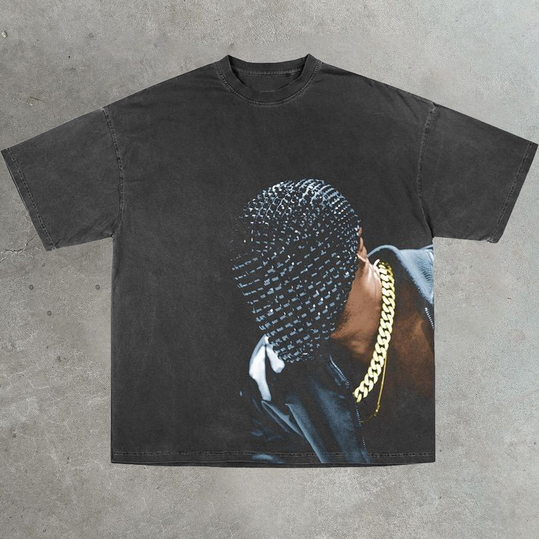 Sopula Masked Rapper Yeezus Print Washed Short-Sleeved T-Shirt - SOPULA