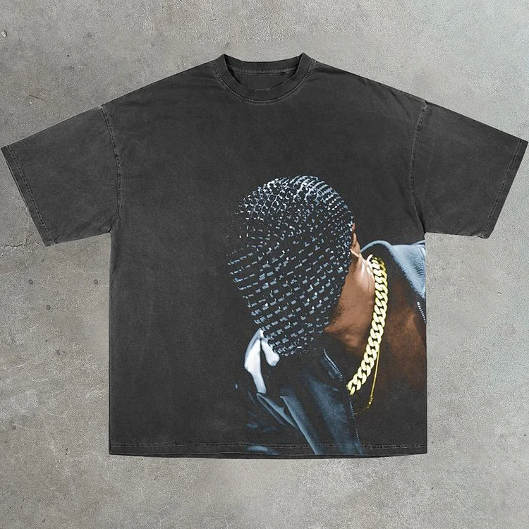 Sopula Masked Rapper Yeezus Print Washed Short-Sleeved T-Shirt