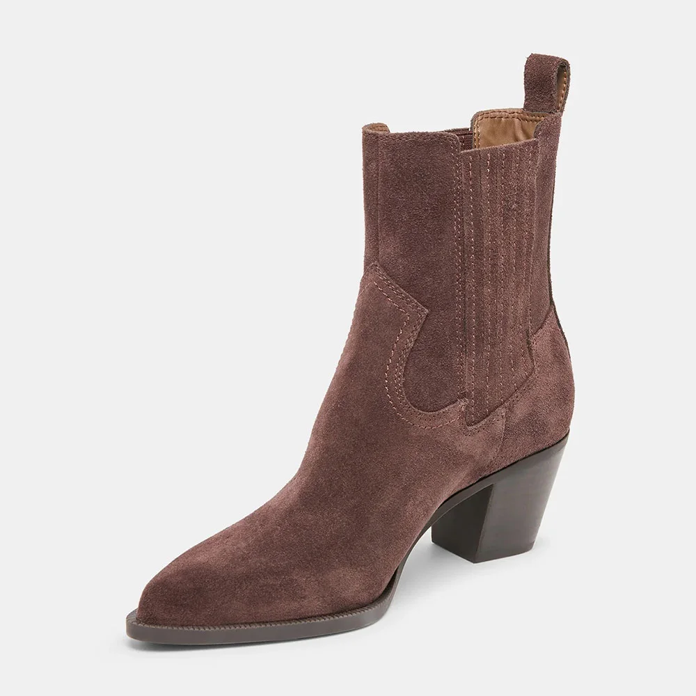 Women's Vegan Suede Pointed Toe Heeled Brown Ankle Cool Chelsea Boots