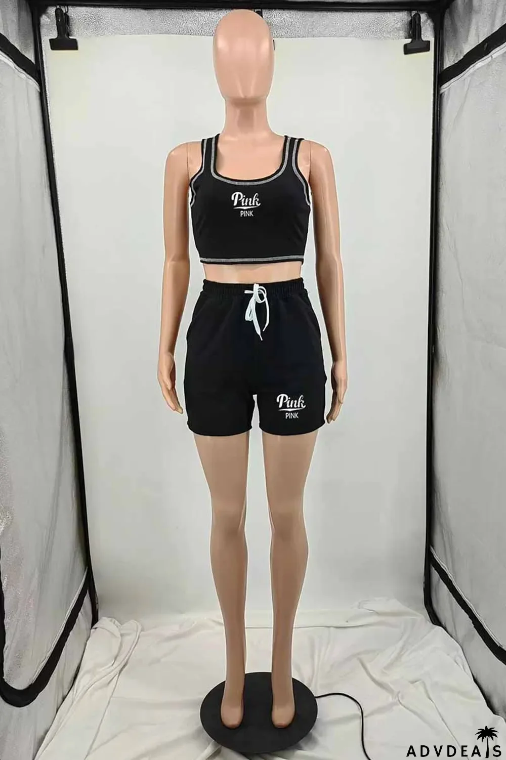 Blue Casual Print Letter U Neck Sleeveless Two Pieces