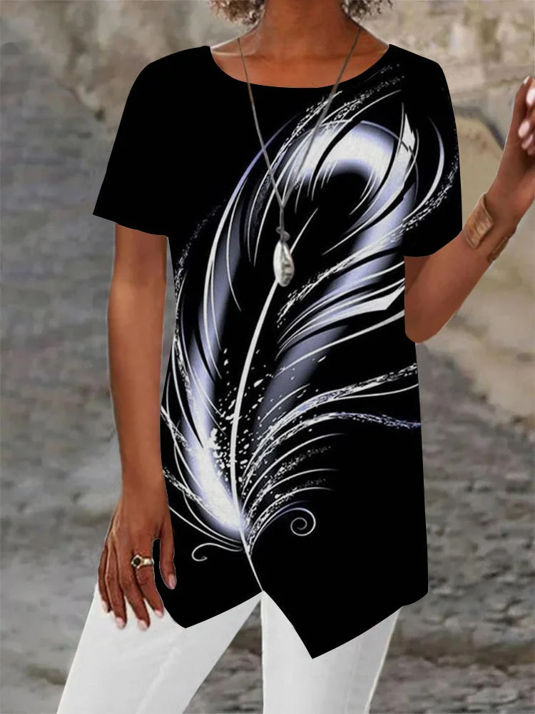 Women Asymmetrical Short Sleeve Scoop Neck Feather Printed Top
