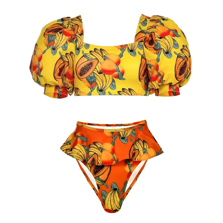 Puff Sleeves Papaya Print Ruffle Bikini Swimsuit Flaxmaker
