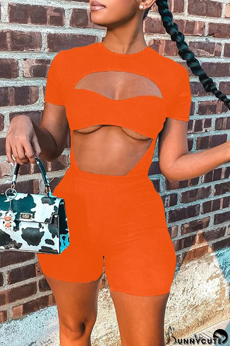 Orange Fashion Sexy Casual Solid Hollowed Out O Neck Short Sleeve Two Pieces