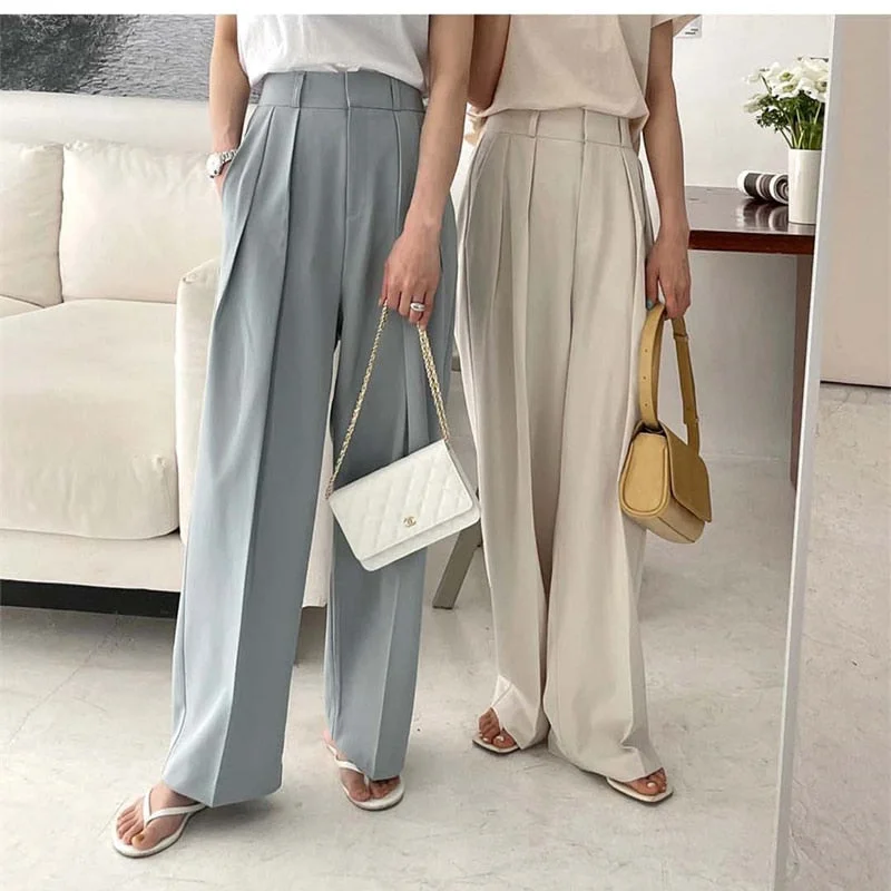 UForever21 Summer Korean Office Lady Straight Trousers Loose Solid High Waist Wide Leg Long Pants Women Casual Pantalon Pour Femme 2022