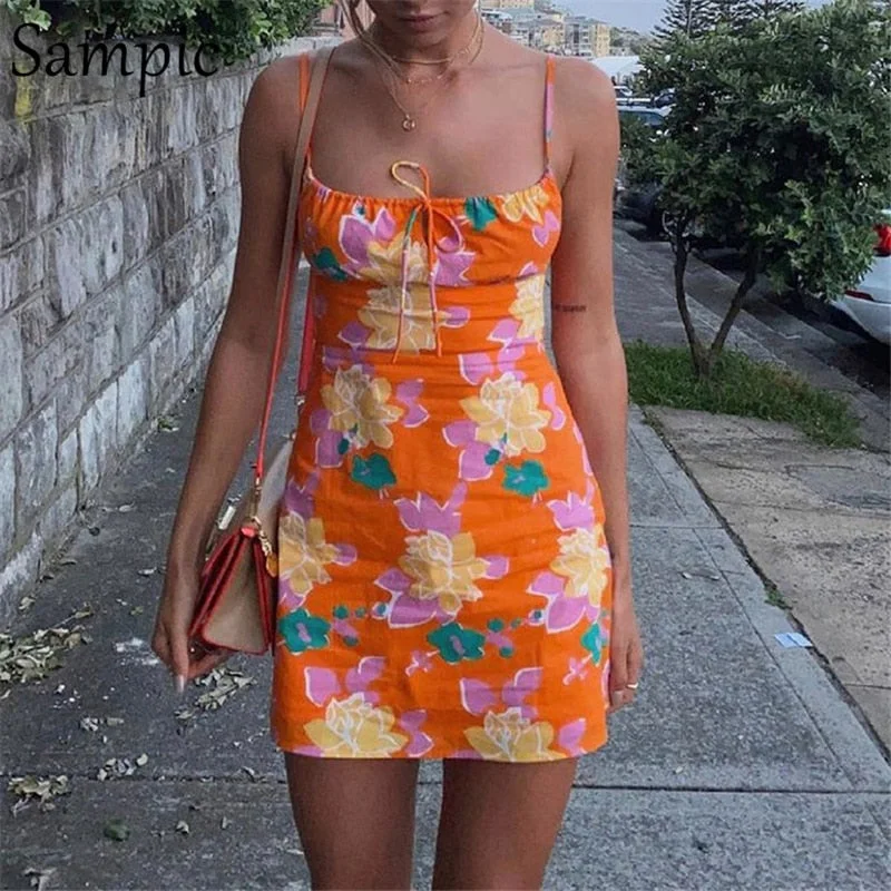 Sampic Fashion Ruched Summer Beach Floral Print Mini Strap Party Dress Women 2021 Y2K Club Orange Casual E Girls Short Dress