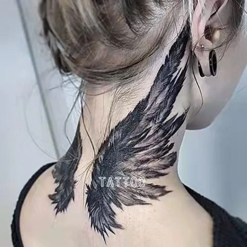 A Pair of Large Wings Tattoo Stickers on The Chest Back Waterproof Temporary Fake Tattoo Neck Feather Art Tattoos for Men Women