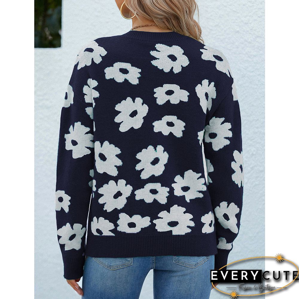 Navy Blue Flower Print Crew Neck Long Sleeve Knit Sweater