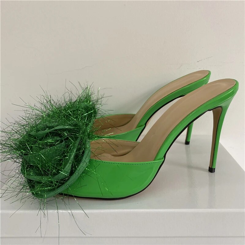 VCSHOES Bling Sequins Flower Decor Party Shoes Woman 10cm Thin High Heels Open Toe Patent Leather Slingbacks Sandals Women