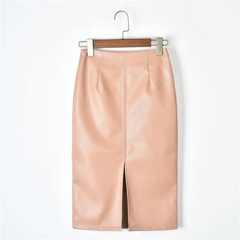 2021 Summer Midi Skirt Women Plus Size Solid Split Skirts Korean PU Leather Skirts Women High Waist Straight Midi Skirts 10091