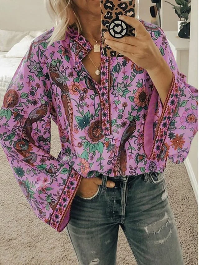 Women's Boho Blouse Floral Print Round Neck Wide Sleeve Vintage Tops