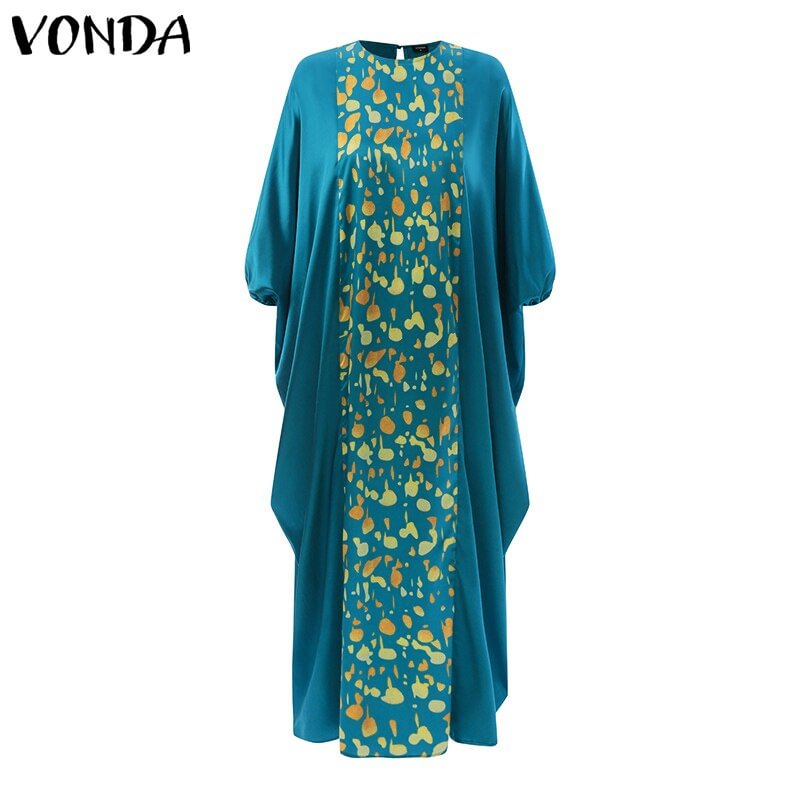 VONDA Vintage Female Loose Full-Length Kaftan Maxi Robe Embroidery Vestido Women 3/4 Sleeve Sundress O-Neck Patchwork Maxi Dress
