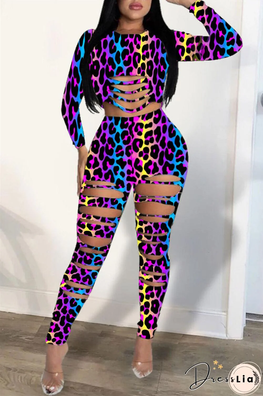 Fashion Casual Long Sleeve O Neck Regular Sleeve Short Leopard Print Two Pieces