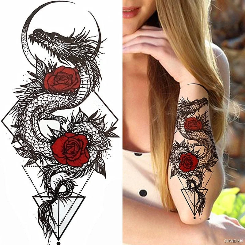 Black Sexy Flower Temporary Tattoos Sticker Arm Sleeve Rose Tree Skull Lion Bear Snake Henna Body Decorate Fake 3D Women Totem