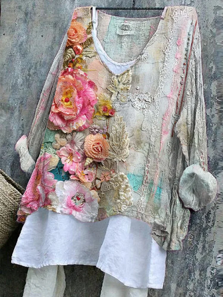 Vintage Floral Embroidery Art Linen Blend V-Neck Shirt