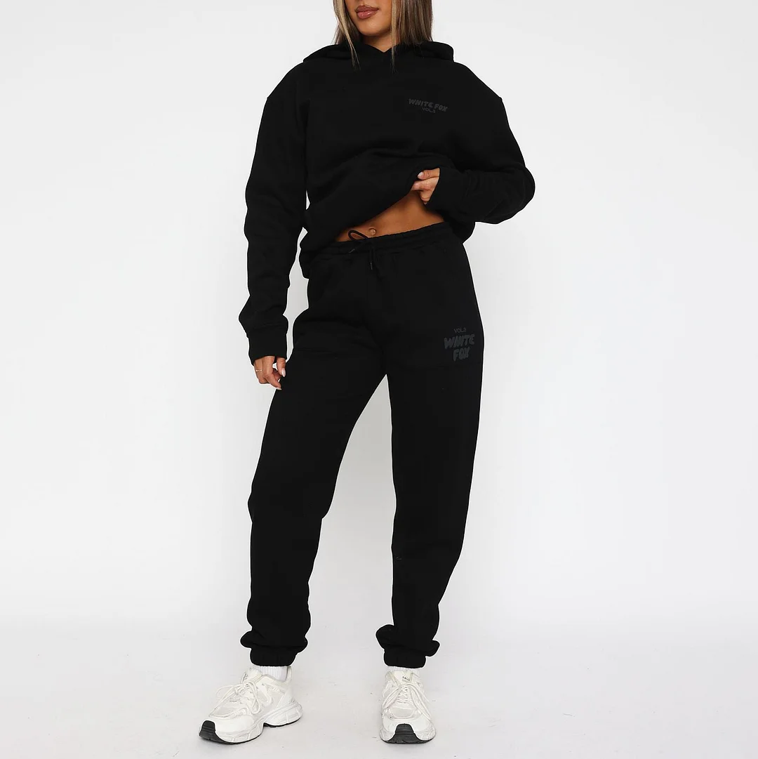 Fashion Sports LOGO Long Sleeve Pullover Hooded Sweatshirt Two Piece Set