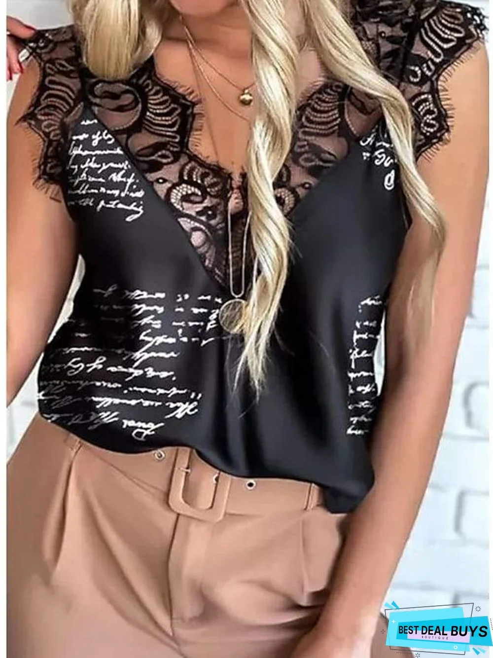 Women's Going Out Camisole Letter Patchwork Lace Trims Print V Neck Tops Sexy Basic Top White Black Light Brown