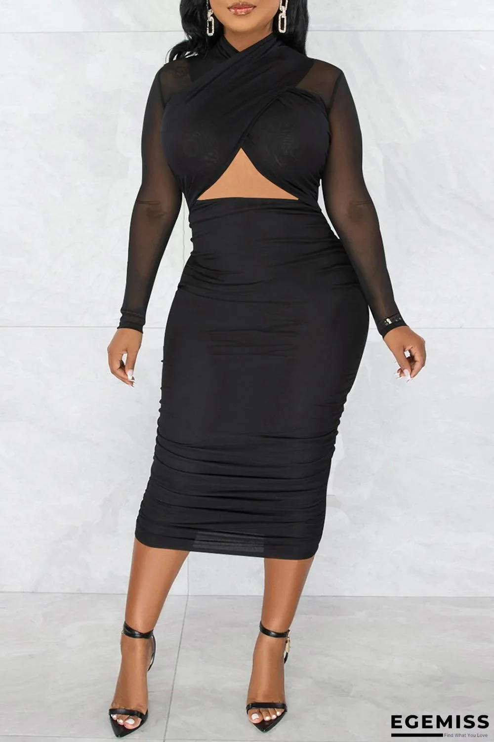 Black Fashion Sexy Solid Hollowed Out Patchwork See-through Fold Long Sleeve Dresses | EGEMISS