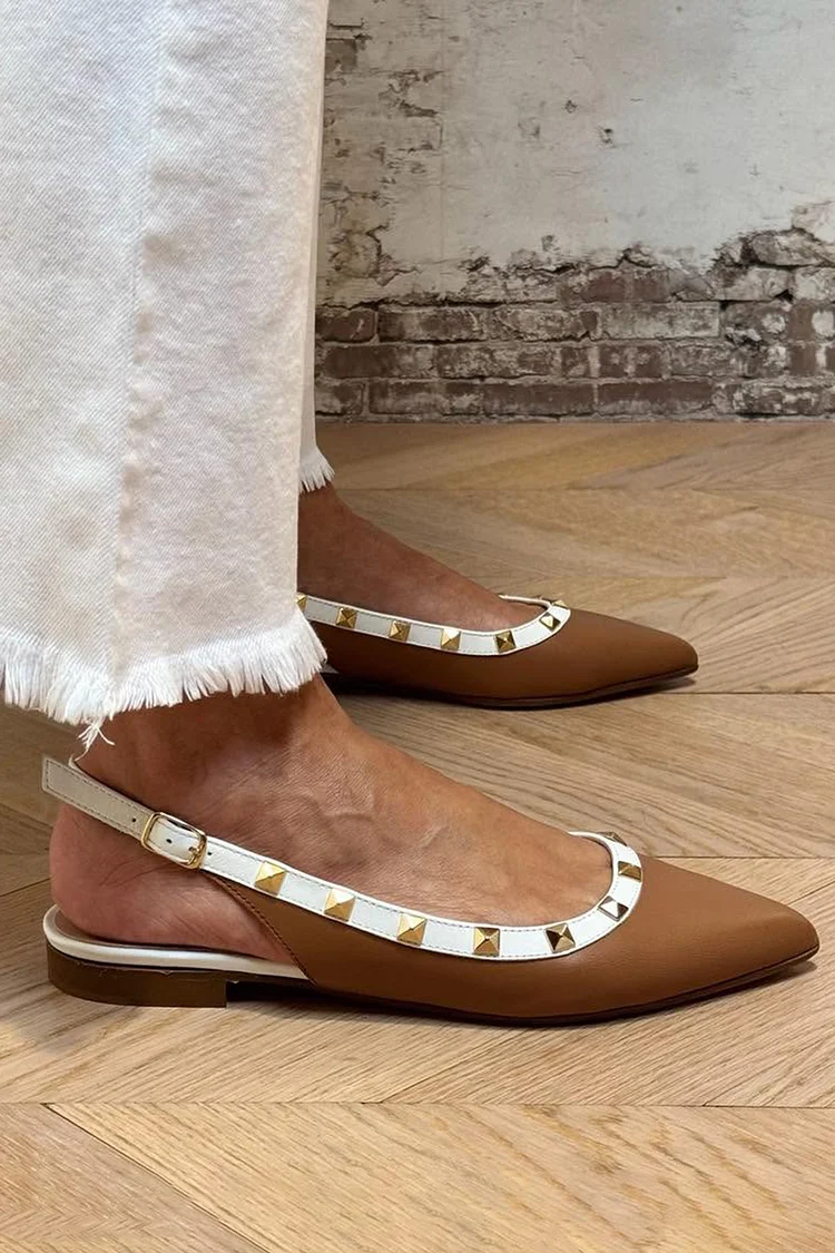 Metal Rivets Decor Contrast Trim Pointed Toe Brown Flats [Pre Order]