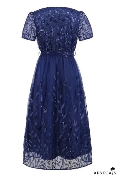 Sequin Leaf Embroidery Tie Front Short Sleeve Dress