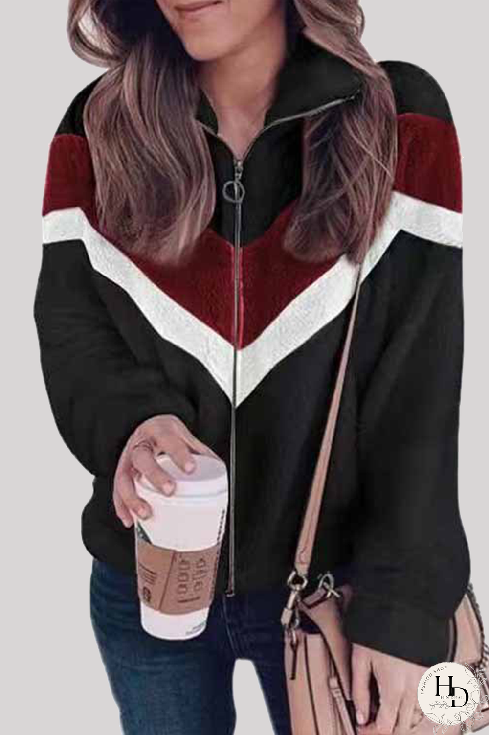 Casual Striped Split Joint  Contrast Zipper Collar Outerwear