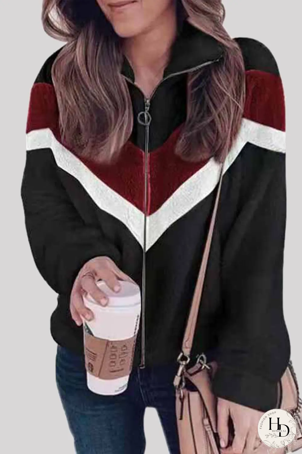 Casual Striped Split Joint  Contrast Zipper Collar Outerwear