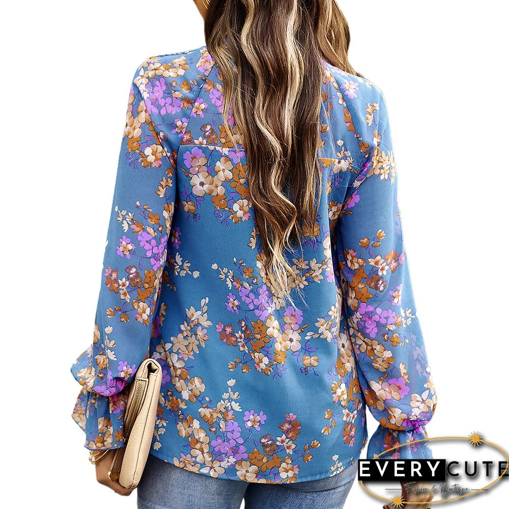 Blue Floral Print Chiffon Long Sleeve Blouse